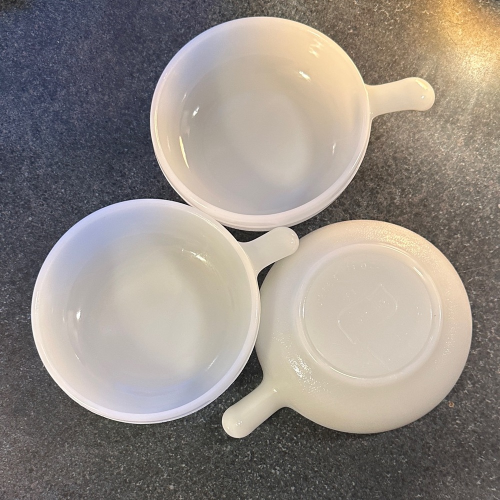 Glasbake milk glass Soup Bowls with Handles